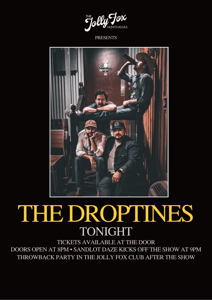 LIVE MUSIC TONIGHT! 🎸
The Droptines are throwin it down tonight in the Jolly Fox Den! 🔥 Doors open at 8pm and we have Sandlot Daze kicking us off at 9pm! 🤩 Come have a great time  and finish the night on the Jolly Fox club side after the show with our throwback night! 🎉