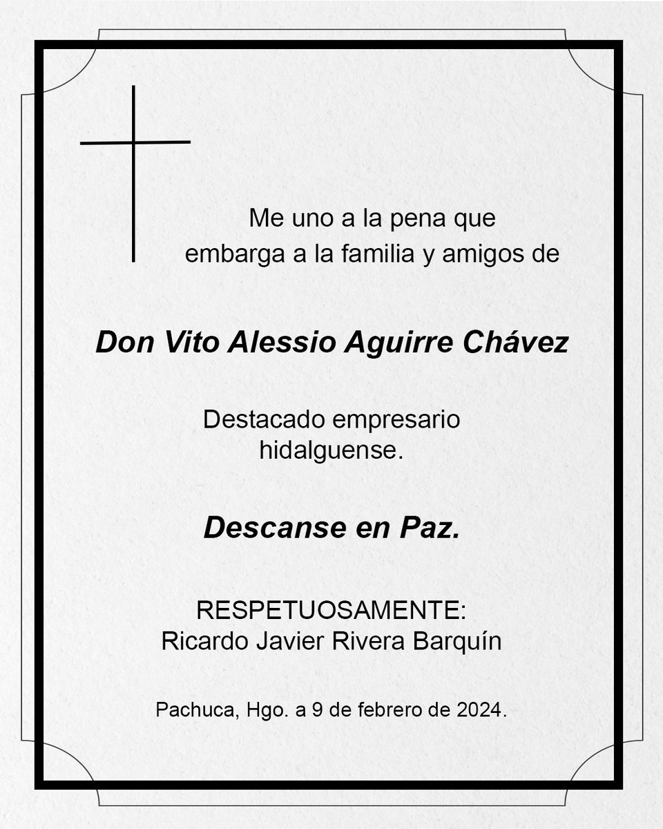 Abrazo solidario a familiares y amigos de Don Vito Aguirre, Descanse en paz 🕊️.