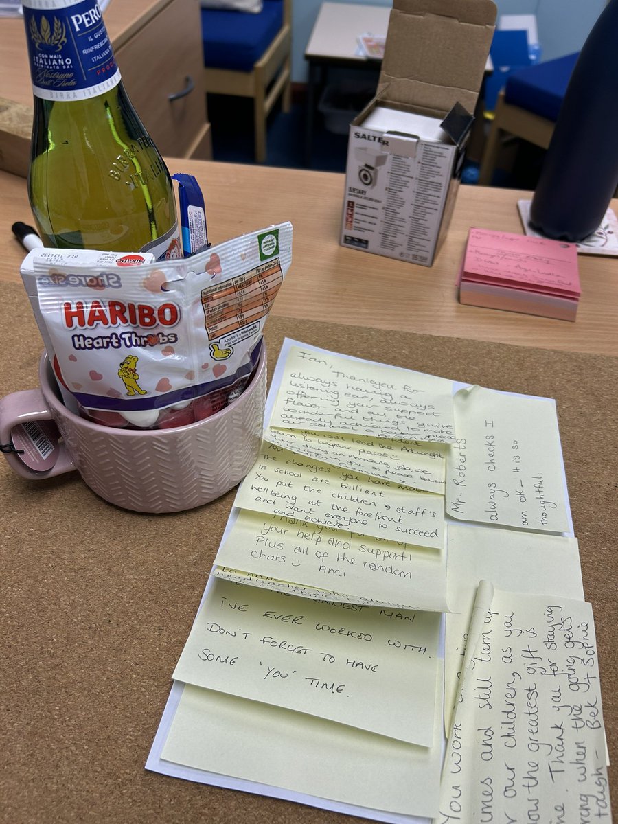 Came back to my office desk today to find I’d ‘been mugged’ by my staff and wellbeing governor! Treats and kind messages. After a long week, this meant a great deal! Am very lucky to have such a thoughtful and kind team 😊