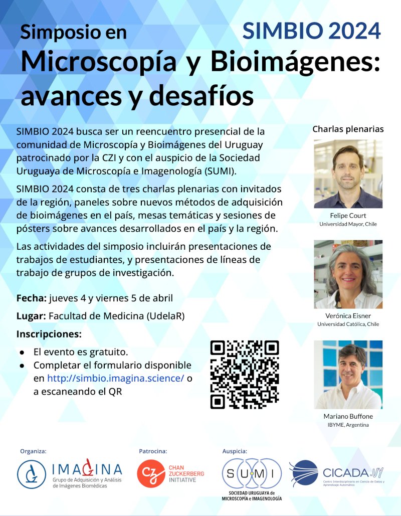 IMAGINA UdelaR (@imaginaudelar) on Twitter photo ¡No te pierdas el encuentro #SIMBIO2024 de la comunidad🇺🇾de🦠microscopía🔬y⚕️bioimágenes💻el🧬4&5Abr en <a href="/fmedoficial/">fmedoficial</a>!
Presentaciones de estudiantes, investigadores, y plenarias de <a href="/buffone_mariano/">Mariano G Buffone</a>, <a href="/MitoLabLife/">Mito Life Lab _ Verónica Eisner</a> y <a href="/felipecourtg/">Felipe Court</a>
+info✍️registro👉simbio.imagina.science
<a href="/cziscience/">CZI Science</a> ¡No te pierdas el encuentro #SIMBIO2024 de la comunidad🇺🇾de🦠microscopía🔬y⚕️bioimágenes💻el🧬4&5Abr en <a href="/fmedoficial/">fmedoficial</a>!
Presentaciones de estudiantes, investigadores, y plenarias de <a href="/buffone_mariano/">Mariano G Buffone</a>, <a href="/MitoLabLife/">Mito Life Lab _ Verónica Eisner</a> y <a href="/felipecourtg/">Felipe Court</a>
+info✍️registro👉simbio.imagina.science
<a href="/cziscience/">CZI Science</a>