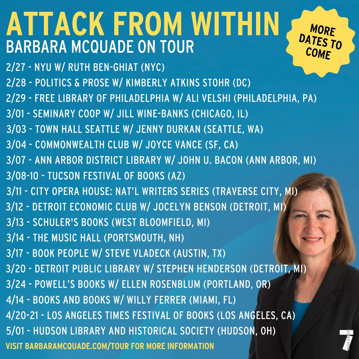 Barb McQuade (@barbmcquade) on Twitter photo Here is the updated tour schedule for my book. Hope to see you in one of these great cities. More to come.
Details and ticket info here: barbaramcquade.com
<a href="/7StoriesPress/">Seven Stories Press</a> Here is the updated tour schedule for my book. Hope to see you in one of these great cities. More to come.
Details and ticket info here: barbaramcquade.com
<a href="/7StoriesPress/">Seven Stories Press</a>