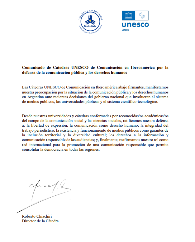 ate_radio's tweet photo. Las cátedras Unesco de Comunicación en Iberoamérica manifestamos nuestra preocupación por la situación de la comunicación pública y los derechos humanos en Argentina ante recientes decisiones del gobierno... " 

Universidad Rey Juan  Carlos (Madrid- España) https://t.co/rVllDtjR7u