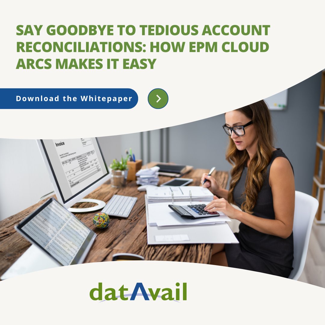 datavail's tweet photo. Tired of chasing discrepancies and manually adjusting entries? Download our whitepaper to discover how #OracleEPM ARCS automates matching & reduces variances & get actionable insights from real-world examples: https://t.co/L1sYKbYOvf
#oracle #epm #epmcloud #AccountReconciliation https://t.co/KXmsICcbkx