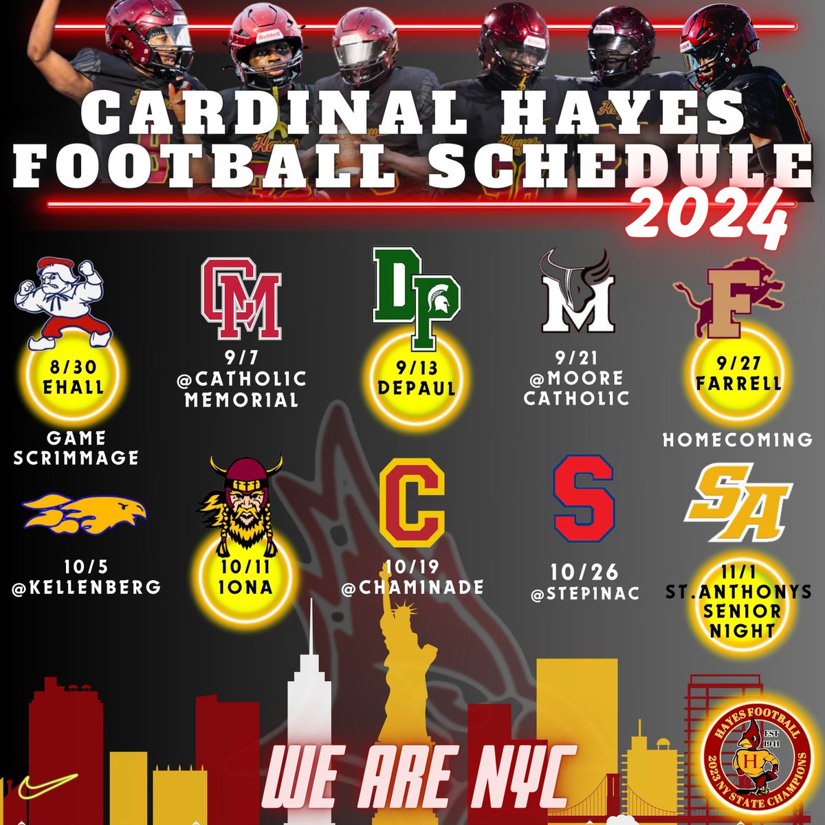 ❗️🚨❗️BOOM❗️🚨❗️ The State Champs 2024 Schedule is here!!! Looking forward to continuing to raise the bar and play tough games week in and week out. The journey has begun…#UpHayes🔴🟡 #WeAreNYC