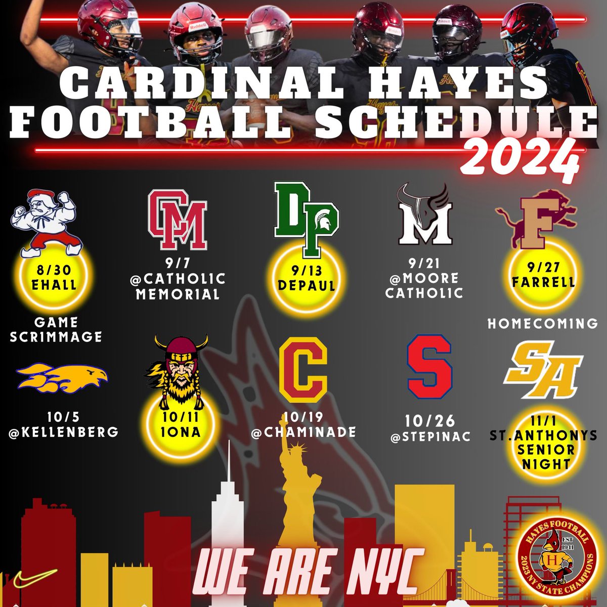 Cardinal Hayes Football (@cardinalhayesfb) on Twitter photo โ๏ธ๐จโ๏ธBOOMโ๏ธ๐จโ๏ธ The State Champs 2024 Schedule is here!!! Looking forward to continuing to raise the bar and play tough games week in and week out. The journey has begunโฆ#UpHayes๐ด๐ก #WeAreNYC โ๏ธ๐จโ๏ธBOOMโ๏ธ๐จโ๏ธ The State Champs 2024 Schedule is here!!! Looking forward to continuing to raise the bar and play tough games week in and week out. The journey has begunโฆ#UpHayes๐ด๐ก #WeAreNYC