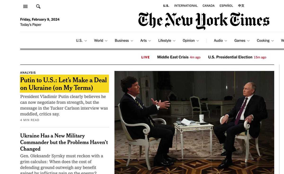 ggreenwald's tweet photo. I love the NYT's implications that there's something rare and sinister about wanting to negotiate a peace deal on "one's own terms."

After mocking this interview day after day this week, NYT now treats the news from it as its top story. It's obviously a vital act of journalism. https://t.co/maCyUHwadh