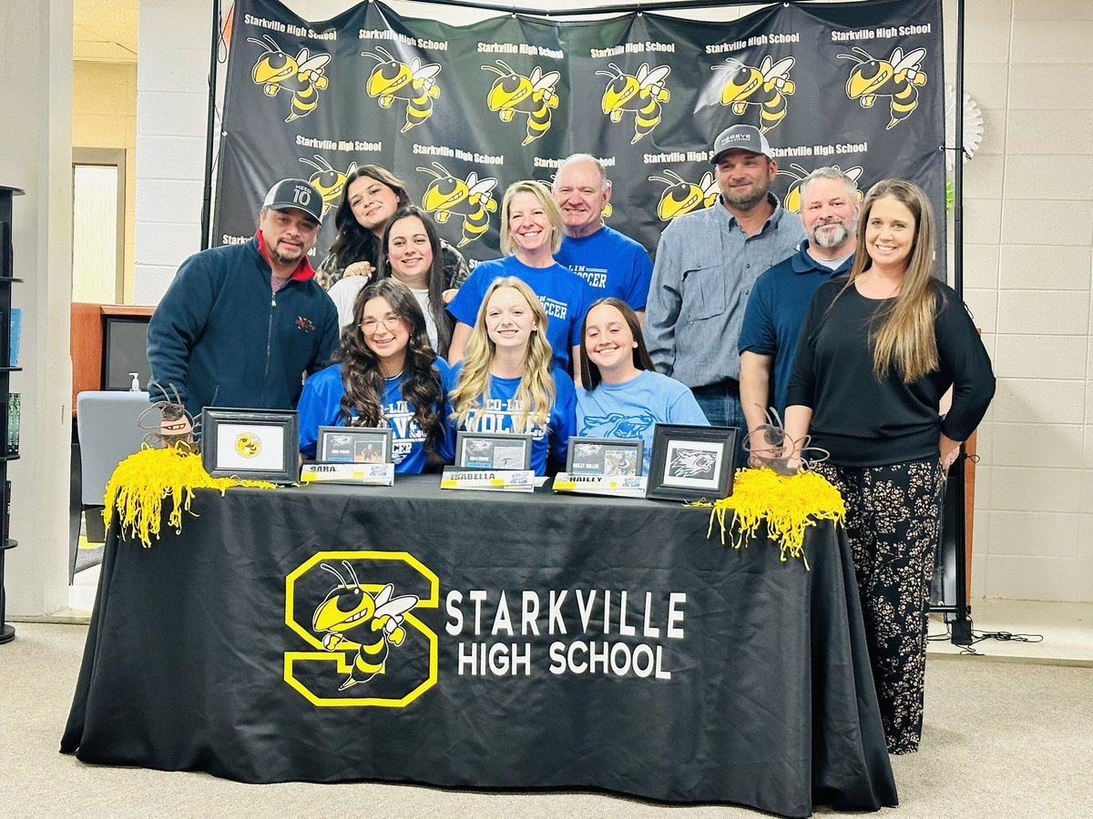 STKJackets's tweet photo. This afternoon, @Starkville_High hosted a signing for senior Girls Soccer standouts Sara Pinzon, Isabella Moore and Hailey Miller, who signed to play at the #JacketNextLevel at Co-Lin Community College. Proud of you, Lady Jackets! #JacketSting https://t.co/VggQvmjgoq