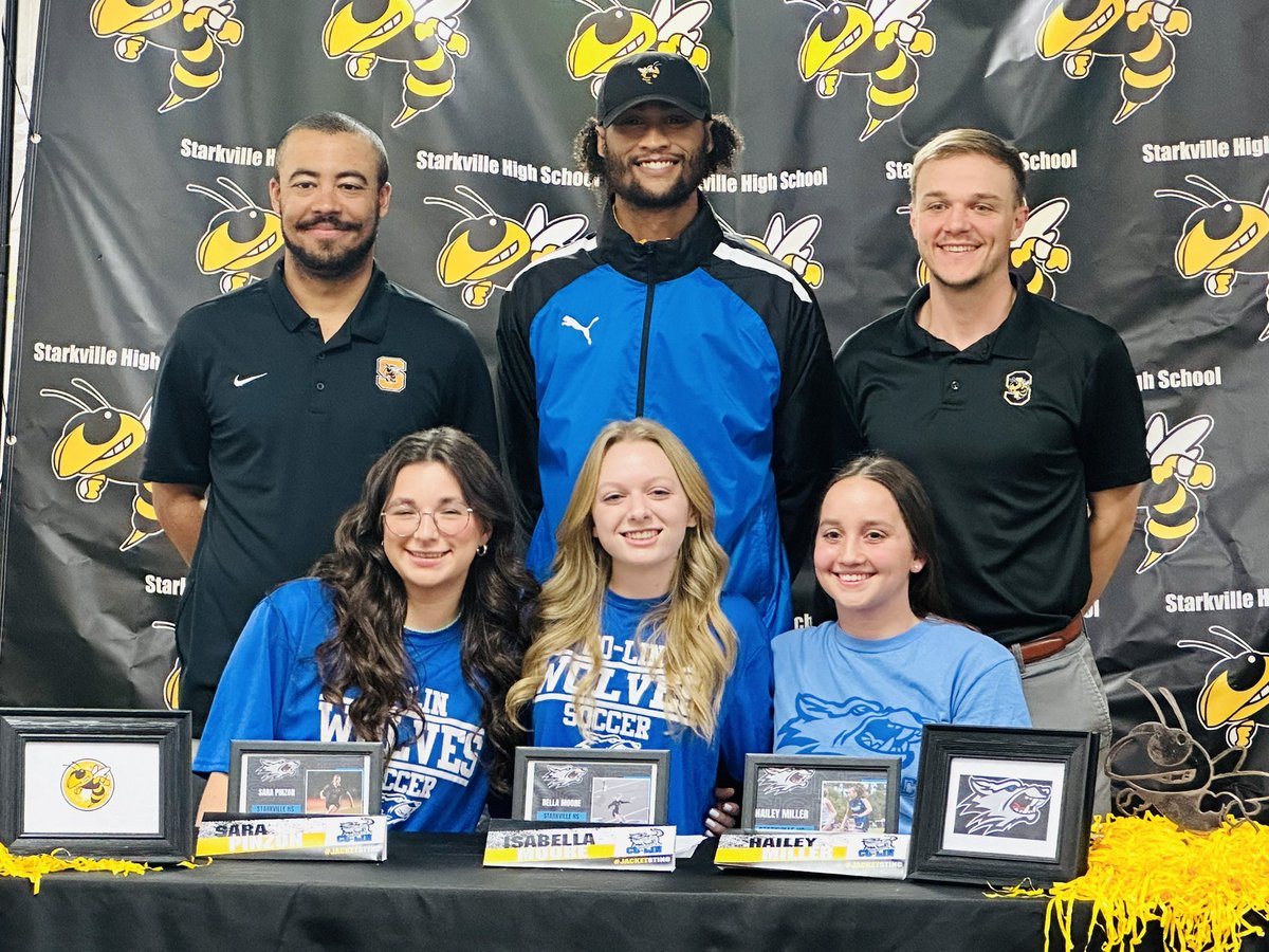 STKJackets's tweet photo. This afternoon, @Starkville_High hosted a signing for senior Girls Soccer standouts Sara Pinzon, Isabella Moore and Hailey Miller, who signed to play at the #JacketNextLevel at Co-Lin Community College. Proud of you, Lady Jackets! #JacketSting https://t.co/VggQvmjgoq