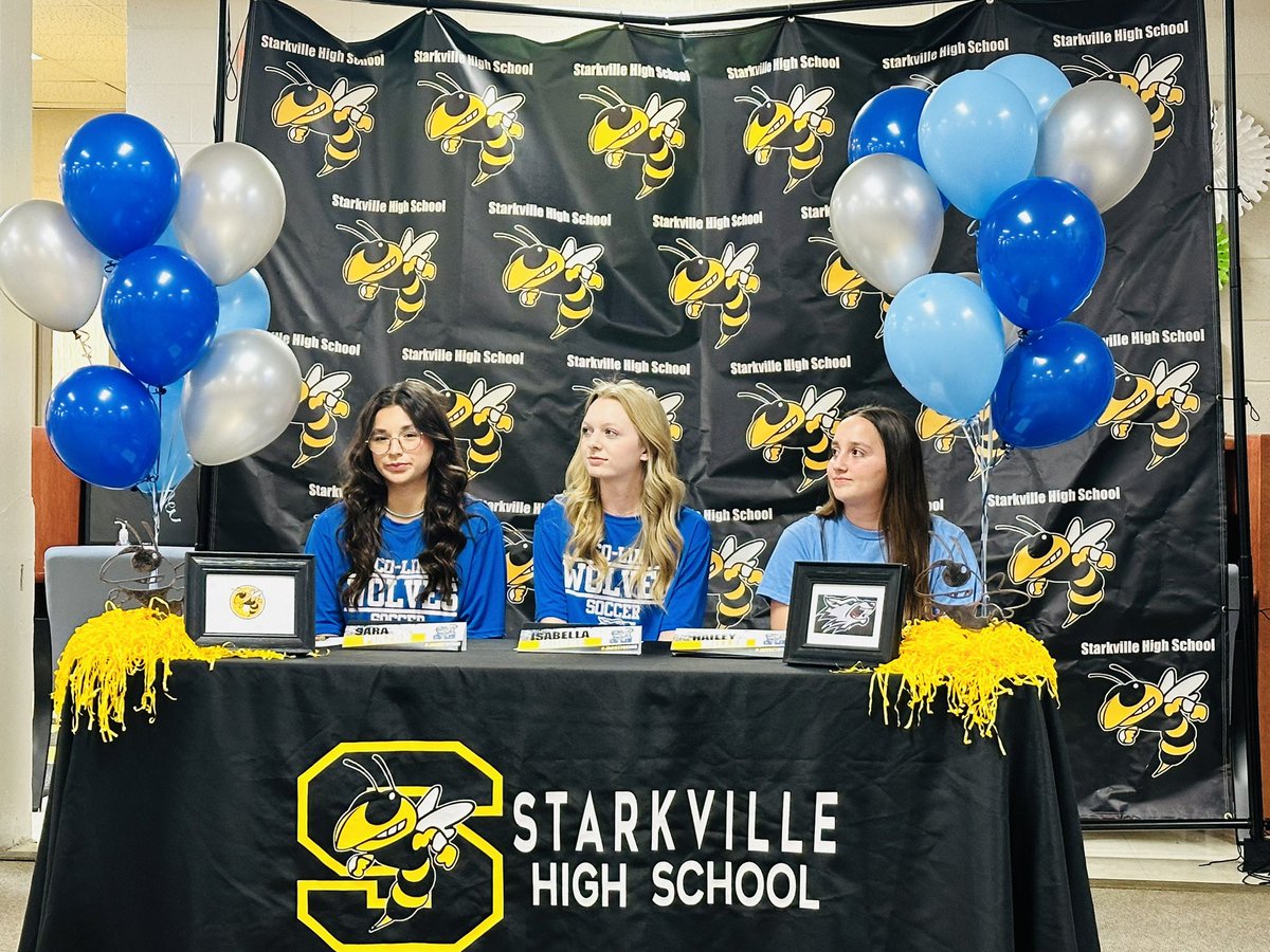 This afternoon, @Starkville_High hosted a signing for senior Girls Soccer standouts Sara Pinzon, Isabella Moore and Hailey Miller, who signed to play at the #JacketNextLevel at Co-Lin Community College. Proud of you, Lady Jackets! #JacketSting