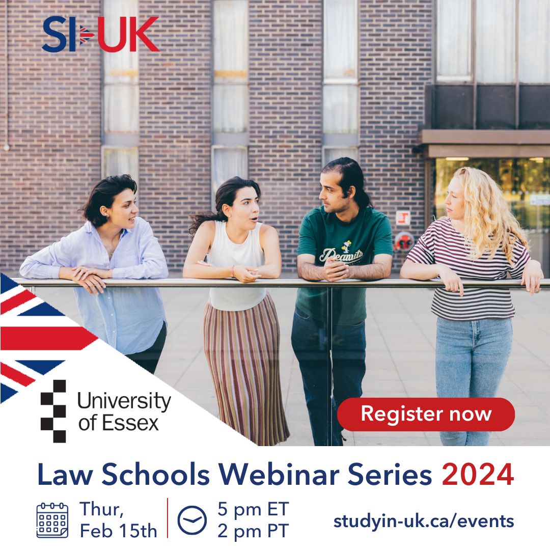 Join University of Essex International Officer Emily Robinson online next Thursday, February 15th, at 5 pm ET, as part of our Law Webinar Series.

Register: buff.ly/42BoQeH

#siuk #studyinuk #lawschool #law #llb #universityofessex #essexuni #lawschool #WeAreEssex