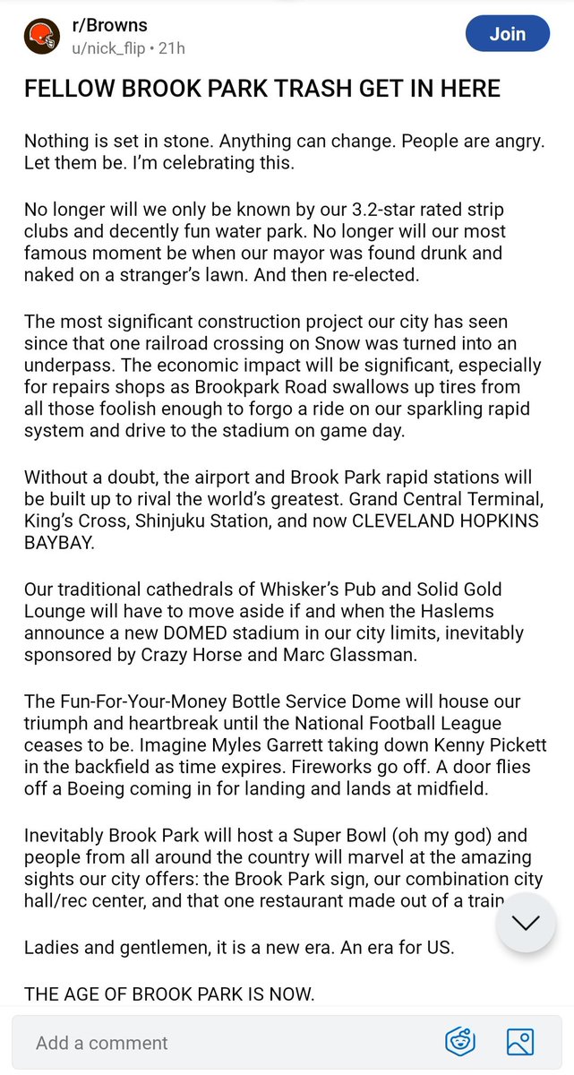 The guy hyping up Brook Park on the Browns subreddit may have swayed my opinion on a stadium there. The definition of civic pride.