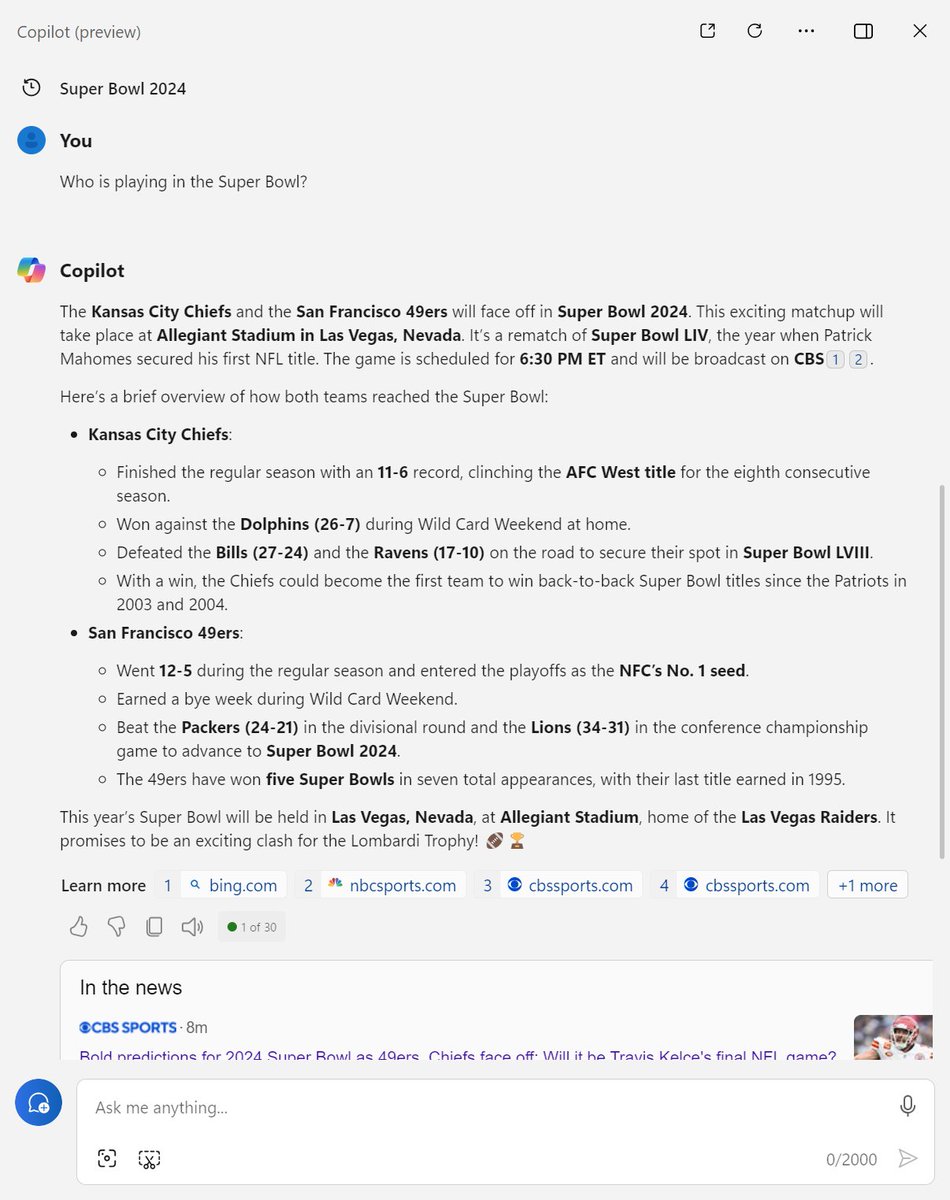 Just in time for Super Bowl Sunday! #Windows Copilot now features a beautiful carousel of prompts -with an easier to follow chat experience easier to follow, updated text alignment and a sleeker message design.