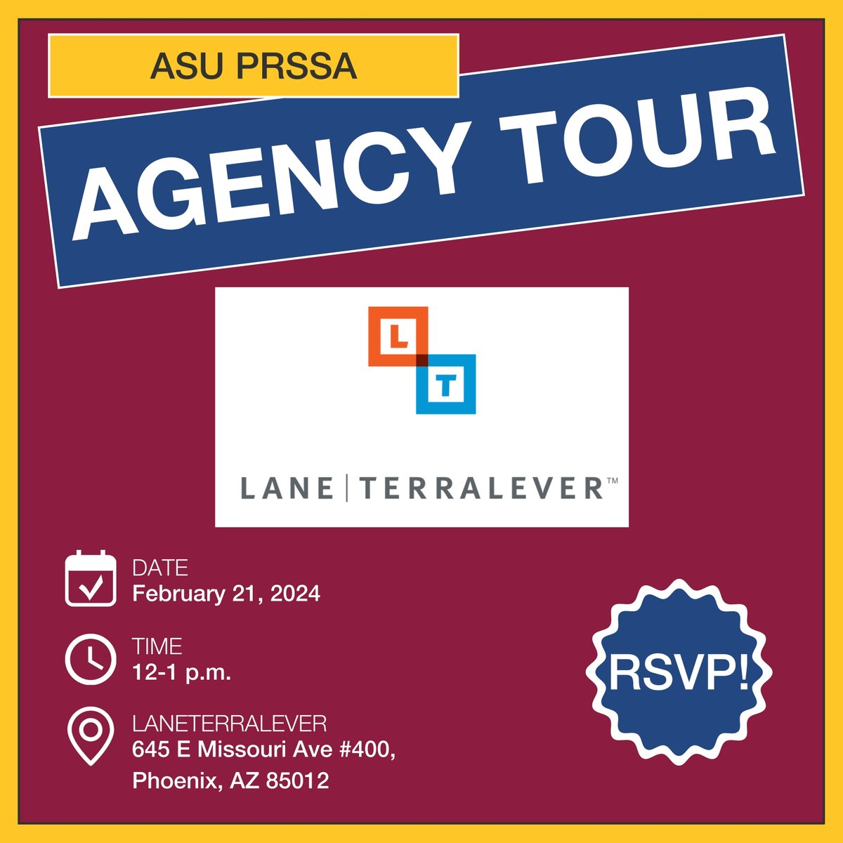 Interested in a career in digital, creative or strategic marketing? 🌐

Join us at our first agency tour of the semester with LaneTerralever to gain new insights into their innovative approach firsthand! 🌟

RSVP: bit.ly/agencytourrsvp 

*Open to PRSSA members only*