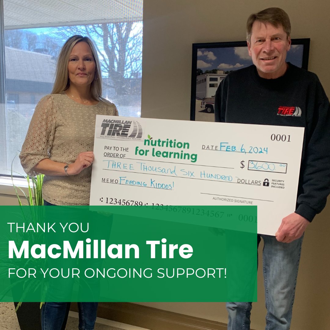 Thank you to MacMillan Tire for their ongoing support of student nutrition in #WaterlooRegion! 👏❤️👏 Our Fundraising and Community Engagement Coordinator Christie was delighted to meet with Tom this week to receive a very generous $3,600 donation. Thank you!