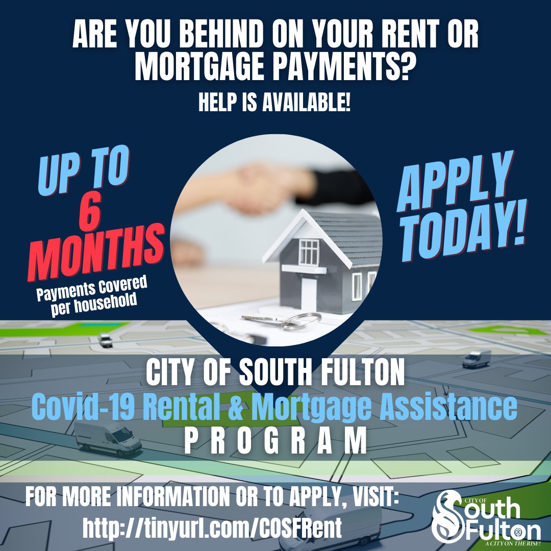 The City of South Fulton in partnership with Fulton County CDGB will provide eligible City of South Fulton households with up to six (6) months of mortgage and rental assistance for residents who have been financially impacted by the COVID-19 pandemic. tinyurl.com/COSFRent