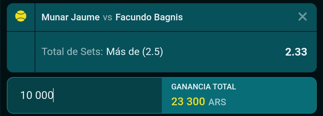 𝗔𝗣𝗨𝗘𝗦𝗧𝗔 𝗙𝗥𝗘𝗘🥎🎁
Munar Jaume vs Facundo Bagnis Más de 2.5 Sets