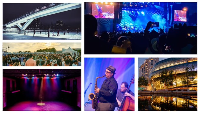 A collage of various locations around Ottawa showcasing the vibrant nightlife of the city. 
From left to right: 
- People skating on the Rideau Canal at night
- A festival crowd at dusk
- An empty Meridian Theatre at Centrepointe
- Bluesfest crowd and stage at night
- A saxophone and bass player perform on stage
- The Shaw Centre and canal at night