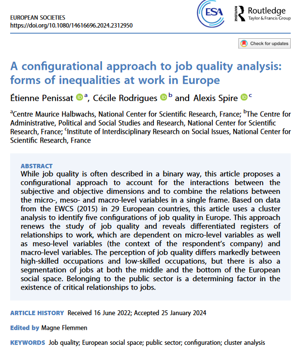 🦺NEW ARTICLE🦺: @Grisoudre analyzes job quality in Europe LINK: doi.org/10.1080/146166…