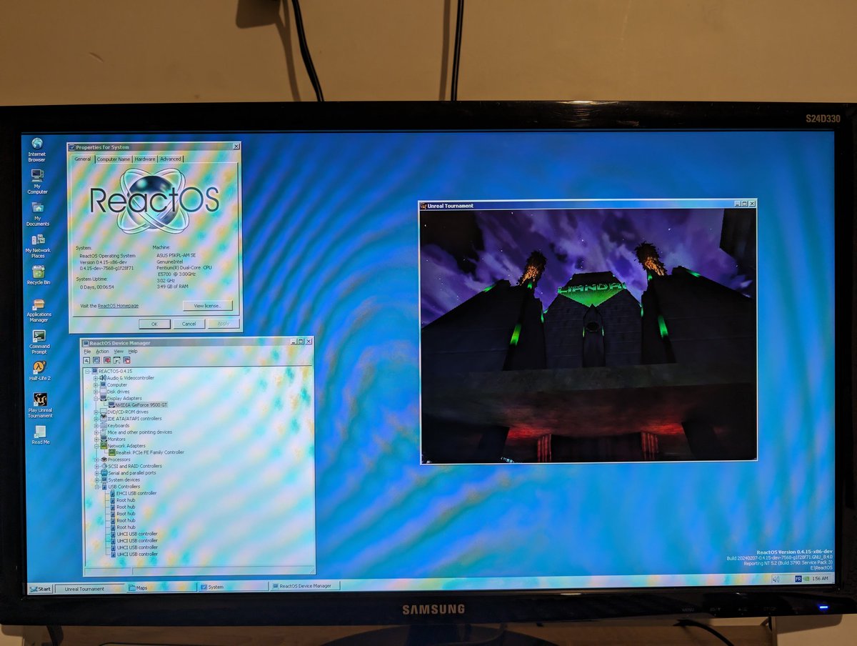 reactos's tweet image. #ReactOS installs and works on ASUS P5KPL-AM SE motherboard!
Networking (Realtek RTL8102EL LAN), video (nVidia GeForce 9500 GT on ForceWare 181.22, HW accelerated OpenGL), ACPI, sound (Sound Blaster Live CT4760 with XP drivers) all work - plus Unreal Tournament!
Test: mrlerien