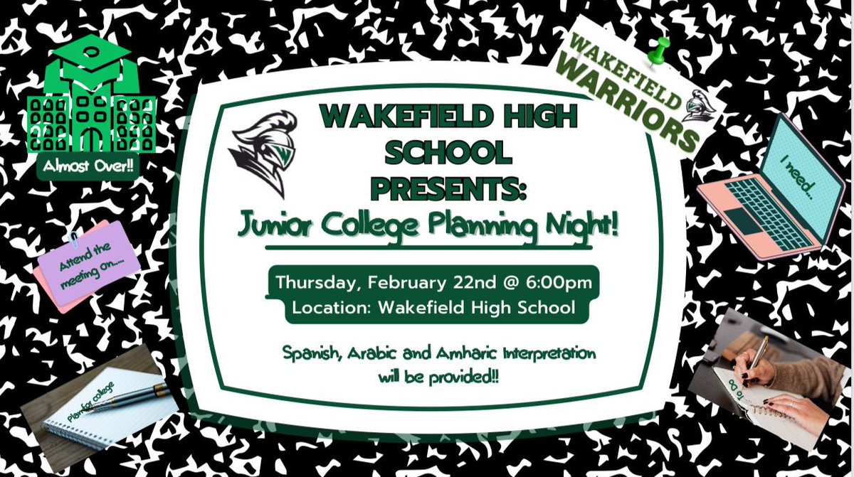 11th Grade Parents &amp; Students join us Feb 22nd at 6pm. 

Topics that will be discussed:
 *College Planning Timeline
*Factors to consider and how to choose your colleges
*Factors colleges use to evaluate candidates
*Standardized testing
*Application process &amp; procedures