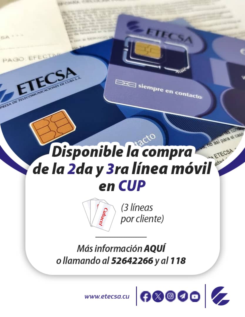 Disponible la compra de la 2da y 3ra línea móvil. El pago es en moneda nacional (CUP) y puedes utilizar el método de pago de tu preferencia. Estas nuevas líneas comienzan por 63. Aprovecha el descuento por realizar pagos a través de los canales electrónicos.