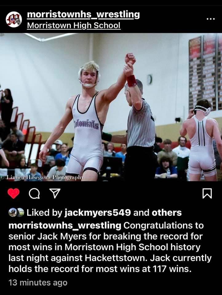 GardenStateHSW's tweet photo. Congratulations to Jack Myers for setting the all time wins mark at Morristown High. @MorristownTAP @MorristownPatch #njwrestling #gshsw #mchsw https://t.co/hODtASfSJ0