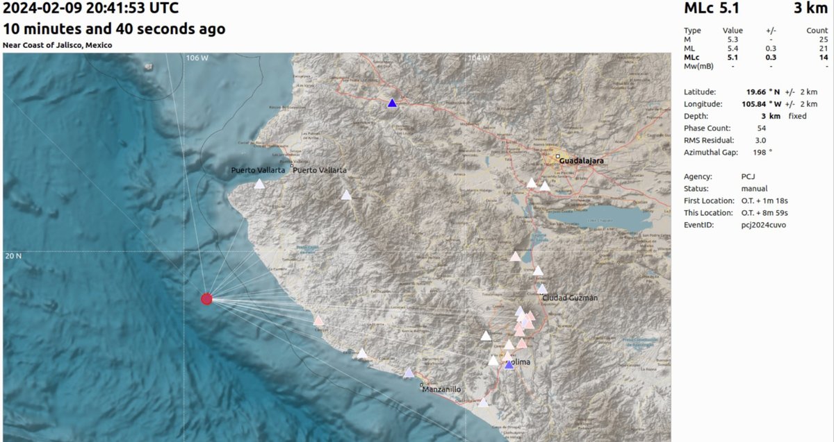 PCJalisco's tweet photo. #AlMomento 🚨 Realizamos monitoreo para descartar afectaciones tras un #sismo ocurrido a las 14:42 hrs, magnitud 5.1, con epicentro al suroeste de #Tomatlán y que fue percibido en algunos municipios de la Costa de Jalisco.

Por el momento no se tiene reporte de daños. https://t.co/vGSUzotfbZ