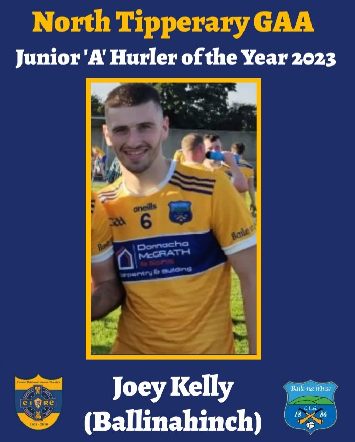 NorthTippGAA's tweet photo. North Junior 'A' Hurler of the Year - Joey Kelly (@BallinahinchGAA)

The Ballinahinch centre back played a major role in his sides North Junior ‘A’ victory. A physical yet stylish defender - Joey was a consistent performer throughout the year. https://t.co/D5r9pUaXLs