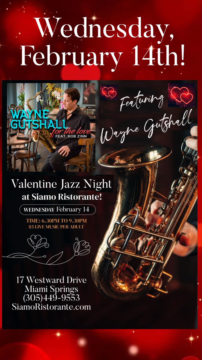 SmoothJazzRadio's tweet photo. GET OUT GET JAZZED #ValentinesEdit
Don't miss the super smooth @wgutshallalto LIVE Wednesday, February 14 for Valentine Jazz Night at Siamo Restaurant in Miami Springs!
Feel the romance and discover the Saxman's latest hit single "For The Love" featuring Rob Zinn now in the https://t.co/yQx2Mp5nhY Listening Loft ❤️🎶