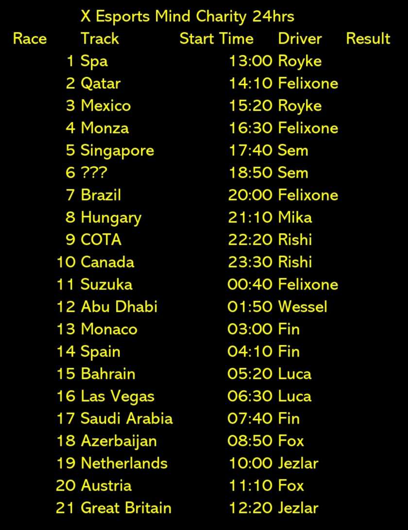 Yet again we will be participating in another charity event this time the <a href="/24MentalHealth/">24 Hours For Mental Health</a> event. 

This is our lineup for the whole event that will start tomorrow

Good luck to every team participating  💛🖤

Don't forget to donate. Every bit counts ❤gofundme.com/f/h253a-24-hou…