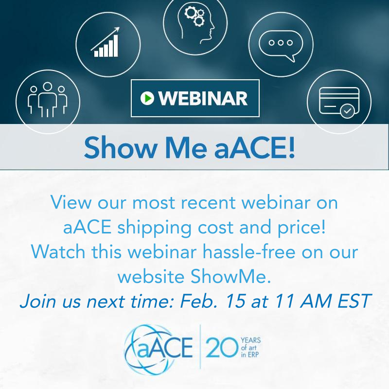 aACEsoft's tweet image. Miss out on yesterday’s #aACESoftware webinar? We showcased aACE’s efficient #shipping cost and price calculation features. You can find this free webinar recording on our site ShowMe: showme.aacesoft.net/?id=10755

Join us next time: aacesoft.com/support/webina…

#ERP