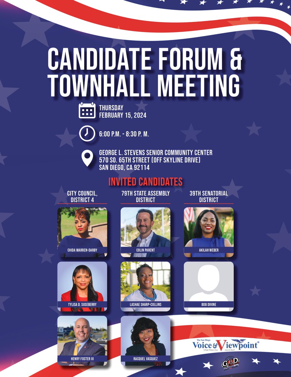 Connect, Debate, and Influence! 🗣 District 4...Come join us at our Candidate Forum & Townhall Meeting at the George Stevens Center on Feb. 15th from 6 - 8:30PM!
#voiceandviewpoint #blackpress #SD #Sandiego #poltics #engageandempower