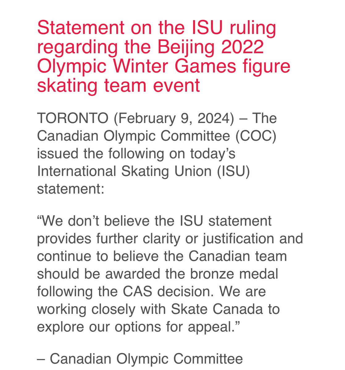 The ISU released a statement today — which basically said Canada would not be getting bronze. The Canadian Olympic Committee fires back with this strong statement. “We don’t believe the ISU statement provides further clarity … Canadian team should be awarded bronze”