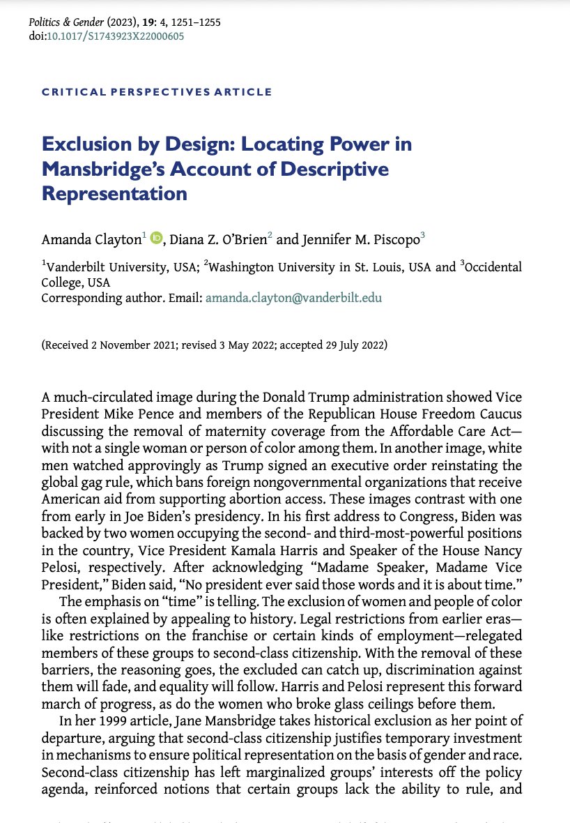 📢New #PAG19 Critical Perspectives📢 @abclayton24 @dianazobrien <a href="/jennpiscopo/">Jennifer Piscopo</a> in "Exclusion by Design" ask how we should re-evaluate our understandings of descriptive representation in recognizing the role of 'bad faith exclusion' in our political systems. cambridge.org/core/journals/…