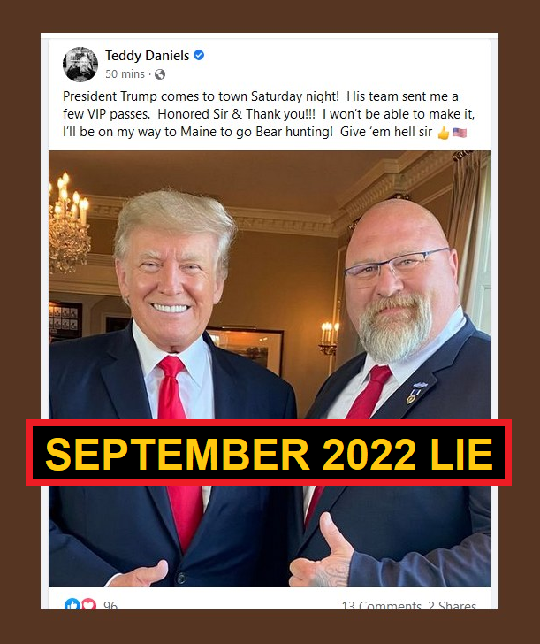 FullerRath's tweet image. Trump Rally in Conway, South Carolina Sat 2/10
coming within 20 miles of
VFAF / Veterans for Trump - SC Pres TEDDY DANIELS.

Watch for (lack of) mention of Teddy Daniels
(only contact 2021)
confirming he's a
PHONY "WHITE HOUSE INSIDER" and
PHONY "GOOD FRIEND" of Donald Trump.