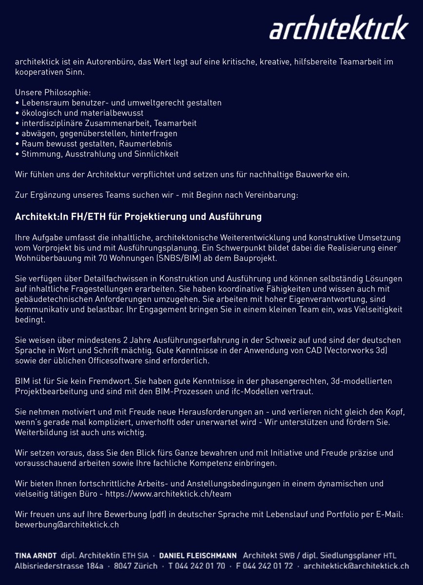 Zur Ergänzung unseres Teams suchen wir - mit Beginn nach Vereinbarung:
 
Architektin / Architekt FH/ETH für Projektierung und Ausführung

Stellenbeschrieb:
architektick.ch/team