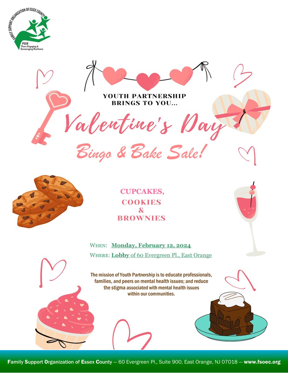 ♥️♥️ It's 5 Days Until #ValentinesDay! ♥️♥️

Our #YouthPartnership is hosting a #bakesale! Will you be in the area (#EastOrange) on Monday, 2/12? If so, stop by our lobby after 4pm, to pick up sweet treats for your sweeties:

Evergreen Business Ctr
60 Evergreen Pl., East Orange