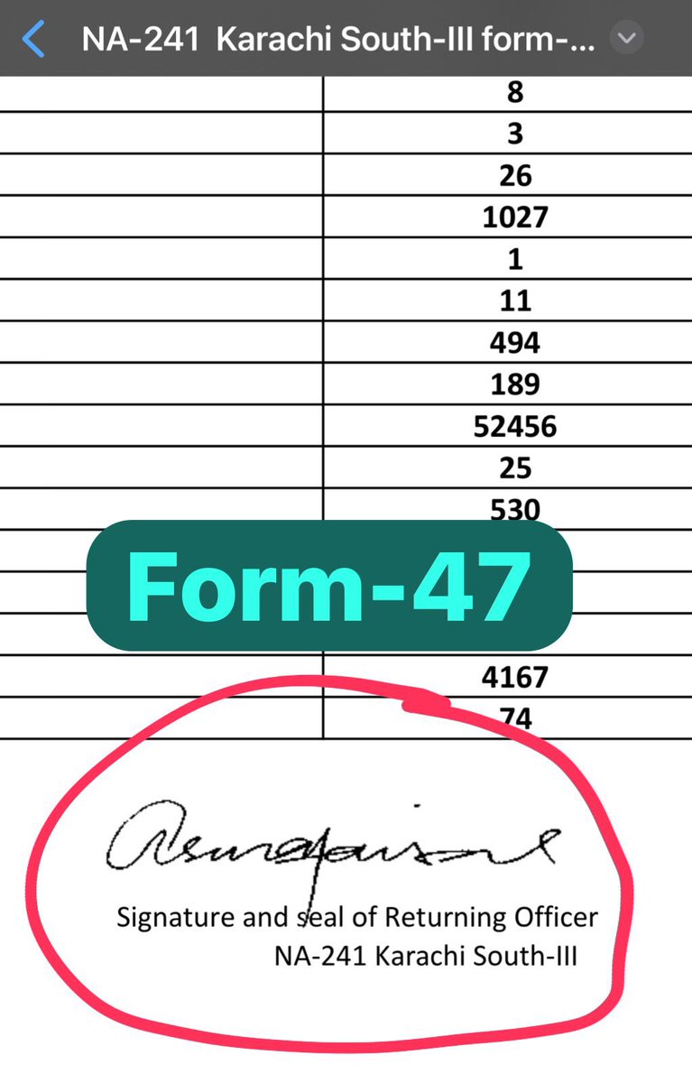 DrAwab's tweet photo. NA-241 MISMATCHING RO SIGNATURE 

The returning officer of NA-241 was Mohammed Abu Bakar whose signature you can see on Form-33 (1st image)

But the Form-47 where the results were massively swapped to reaward PPP Ikhtiar Baig the seat has some other signature as the returning officer (2nd image)

This should mean the declared result for NA-241 is FAKE & carries no legal standing 

The desperate manipulators have forgotten how to cheat 

#PTI #StolenElectionExposed