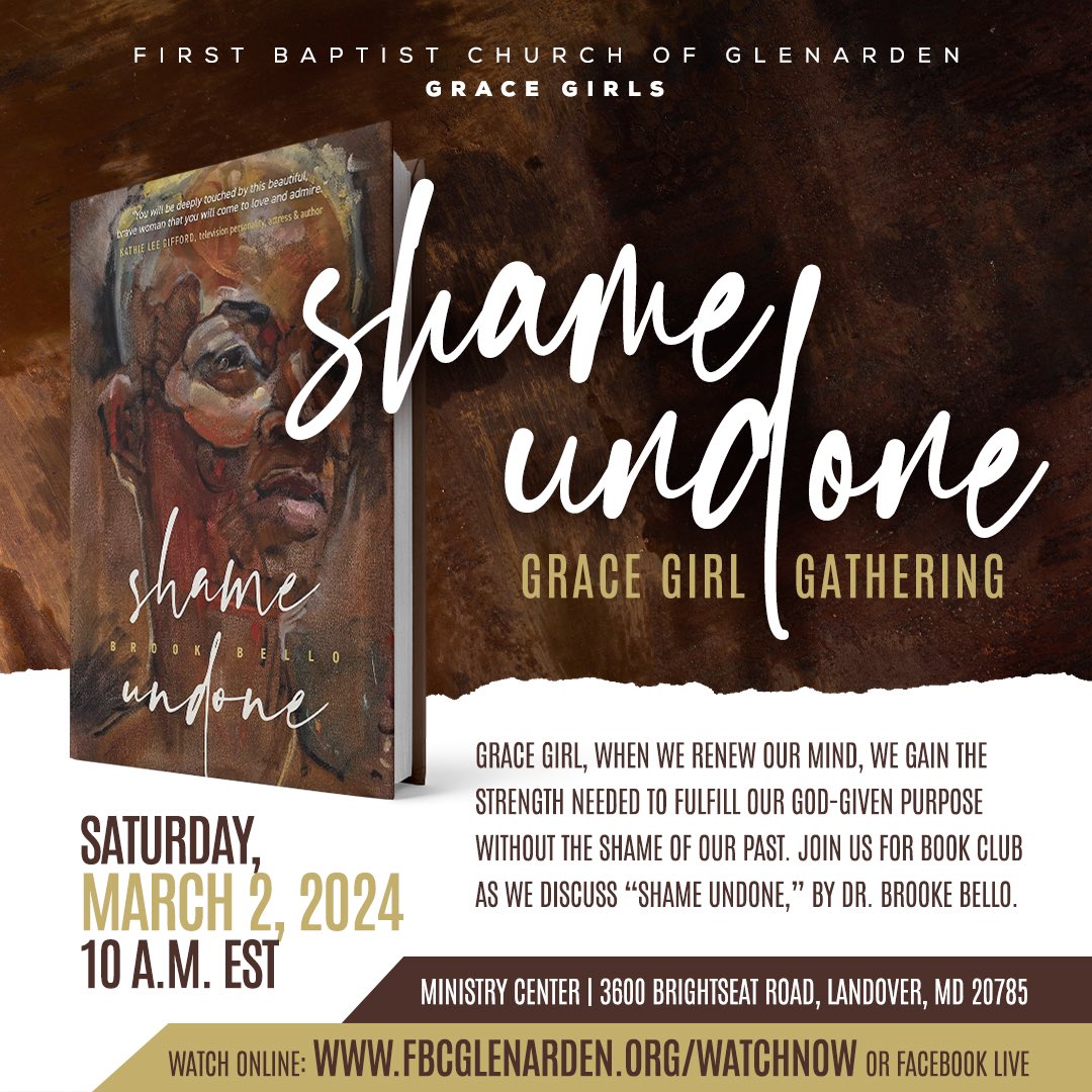 Join us for a book club Grace Girl Gathering as we discuss “Shame Undone,” an insightful autobiography by @drbrookbello. When we renew our mind, we gain the strength needed to fulfill our God-given purpose without the shame of our past. We hope you’ll join us!