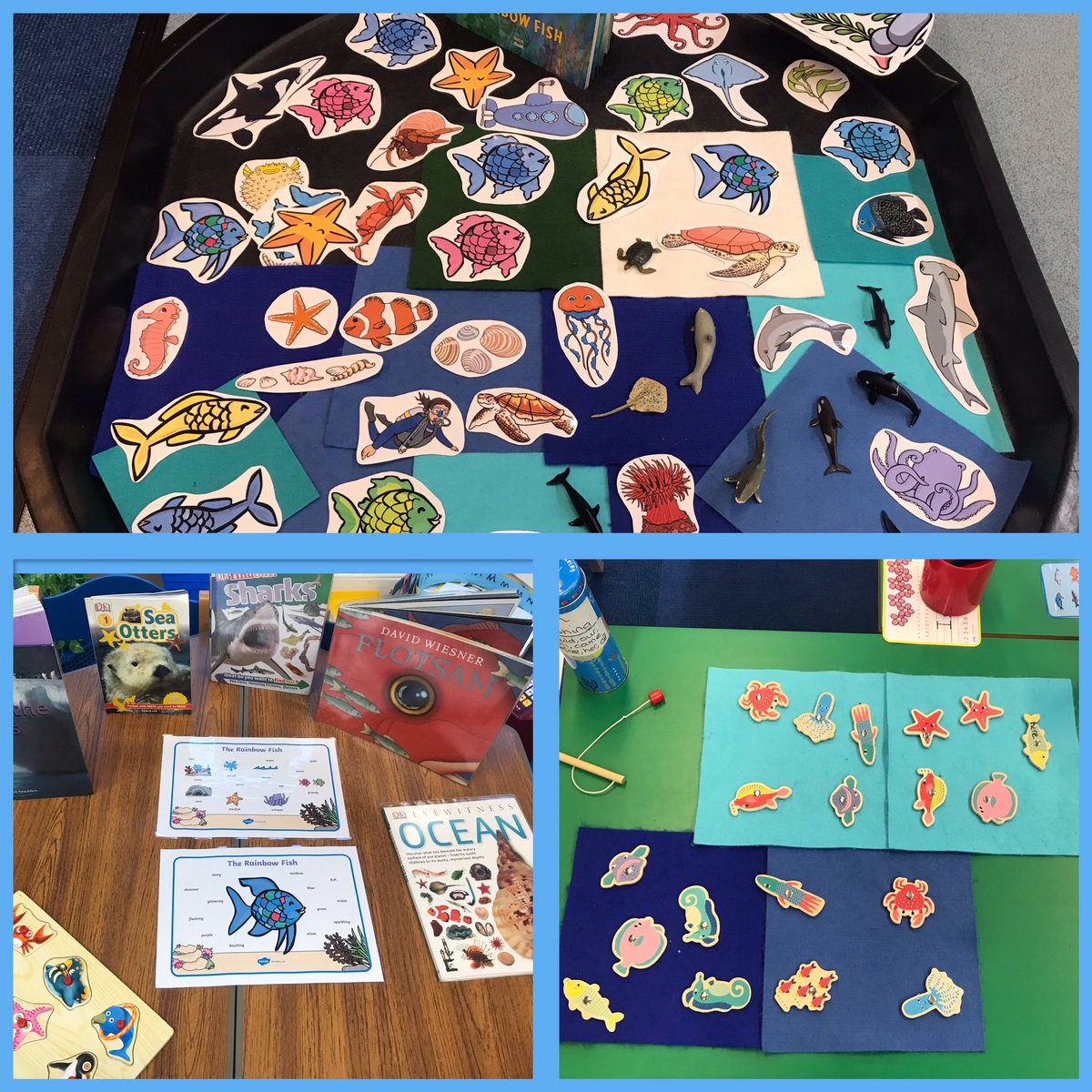 P1HS <a href="/stjosephsabn/">stjosephsprimary</a> have enjoyed reading The Rainbow Fish this week. A beautiful story about friendship &amp; kindness. Today we had a fish themed day! Rainbow Fish stained glass art, fishing for common words, tuff trays, books, word mats &amp; drawing our favourite characters. 🐠 🐟 📖
