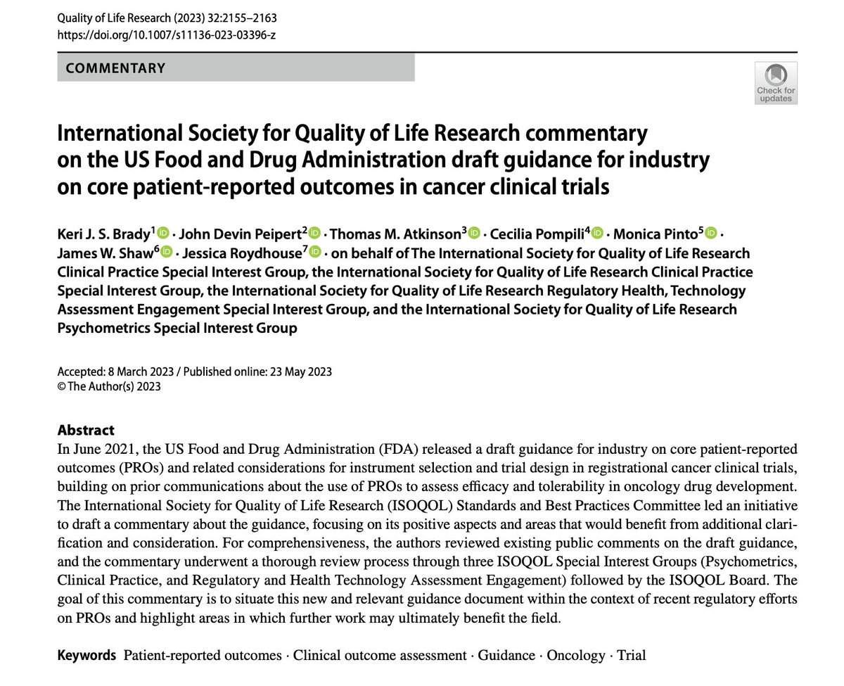 Reliance on clinician assessment of symptomatic toxicities can lead to an underestimation of patients’ experiences. 
@FDAOncology draft guidance is a step forward , but more clarification on patient-reported tolerability is needed. @dpeipert @ISOQOL 
pubmed.ncbi.nlm.nih.gov/37217665/