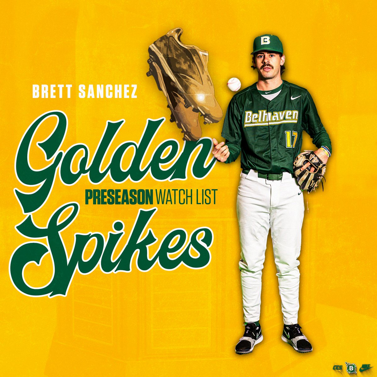 𝐆𝐨𝐥𝐝𝐞𝐧 𝐒𝐩𝐢𝐤𝐞𝐬 𝐀𝐰𝐚𝐫𝐝 𝐖𝐚𝐭𝐜𝐡 𝐋𝐢𝐬𝐭

Congratulations to Brett Sanchez on being named to the <a href="/USAGoldenSpikes/">Golden Spikes Award</a> Award Watch List

Sanchez is the only <a href="/NCAADIII/">NCAA Division III</a> player named in the 55-man list

📰 | bit.ly/3UCFXLa

#GoGreen | #d3baseball | <a href="/BelhavenBSB/">Belhaven Baseball</a>