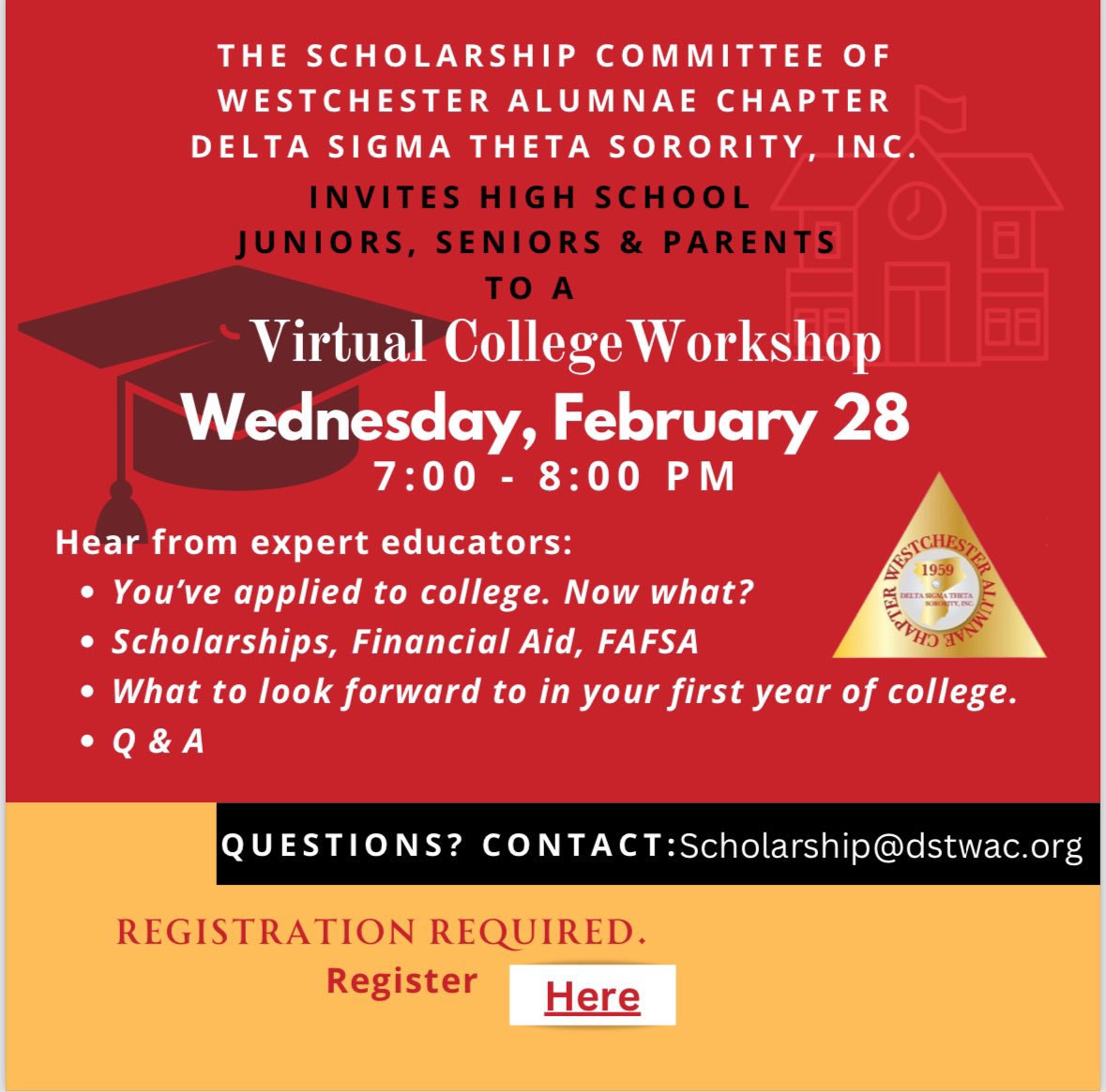 The Scholarship committee of Westchester Alumnae Chapter is excited to invite High School Juniors, Seniors and their parents to an engaging Virtual College Workshop on Wednesday, February 28 at 7:00 PM. 

Register today!

us06web.zoom.us/meeting/regist…