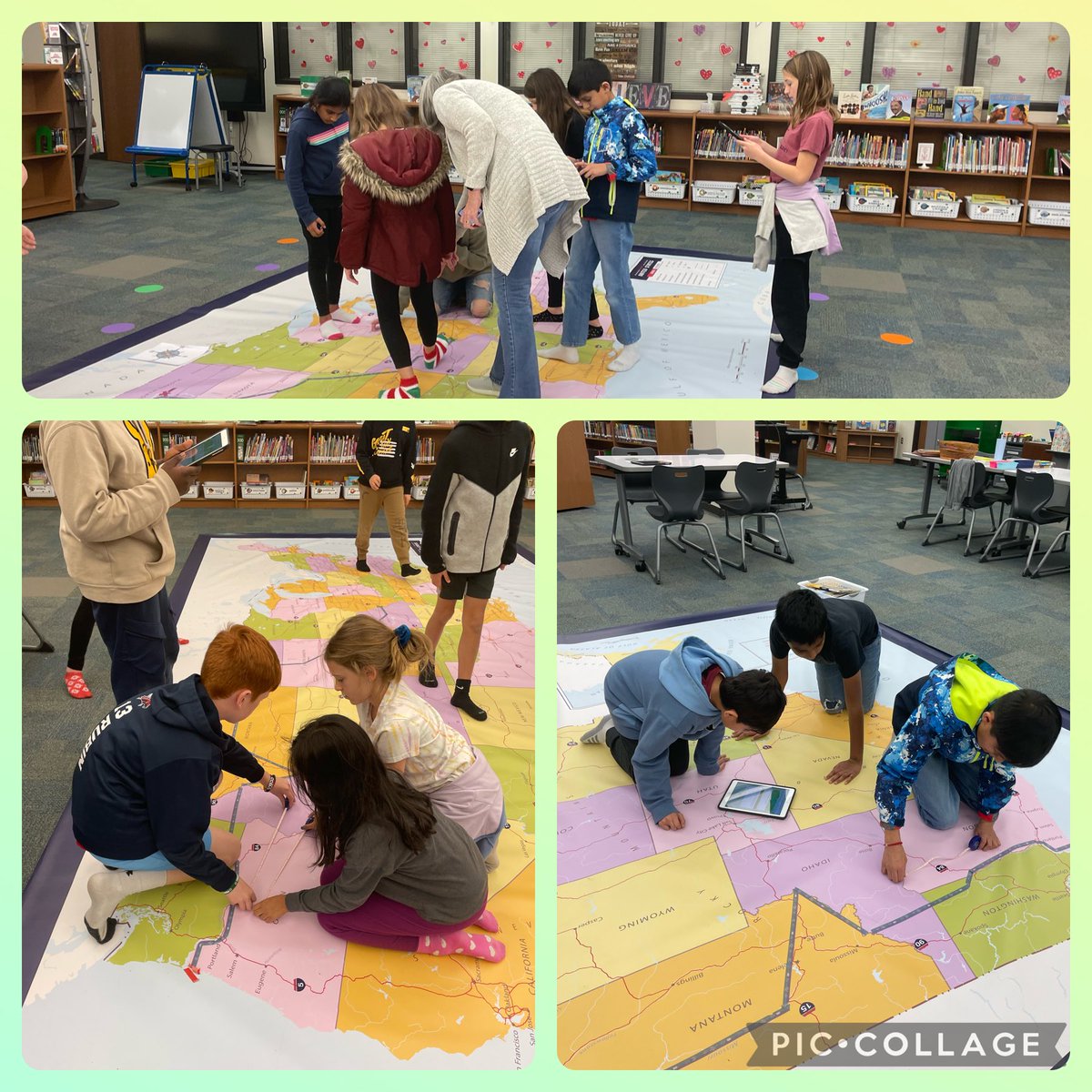 Light Farms students always enjoy working with the giant map! 5th graders followed along the route taken by the Lewis & Clark expedition. Fun to see them focused, engaged, & making connections! ⁦@LightFarmsElem⁩ ⁦@PISD_Libraries⁩