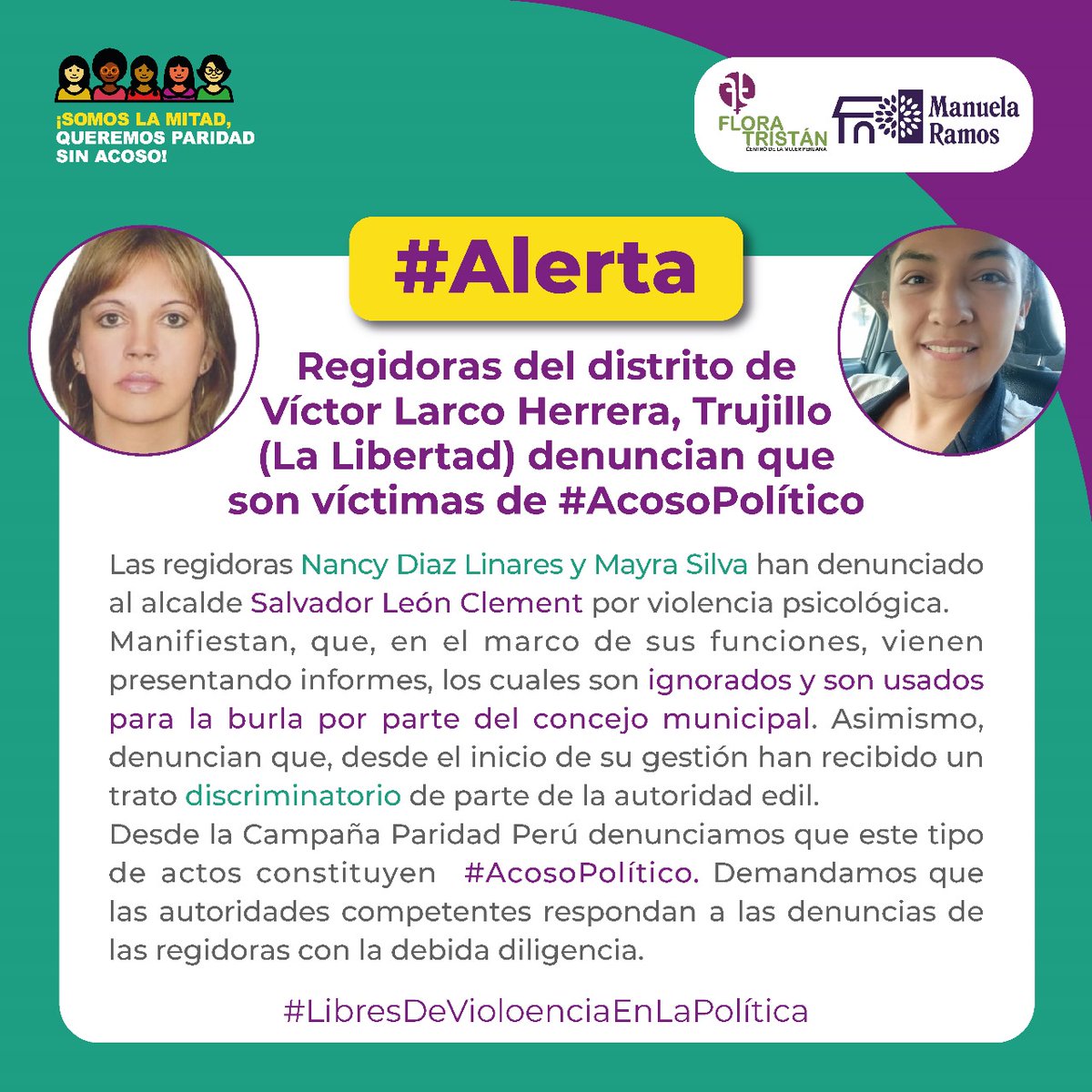 🇵🇪🚨#ALERTA Regidoras del distrito Víctor Larco Herrera (Trujillo, La Libertad) denuncian que son víctimas de #AcosoPolítico. Demandamos que las autoridades respondan a las denuncias de las regidoras con la debida diligencia. #LibresDeAcosoEnLaPolítica