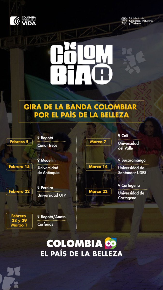 No te pierdas la gira de la banda Colombiar, #ElPaísDeLaBelleza. 

Escucha las 10 canciones originales que nos invitan a recorrer los diferentes territorios de Colombia, a través de ritmos propios de nuestro país. 
Conoce el cronograma.
