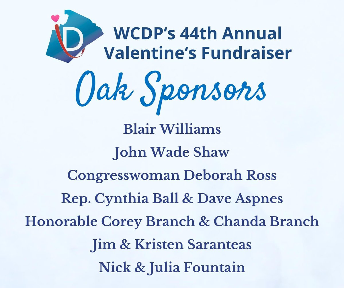 Thank you to our Oak Sponsors for helping our roots grow deeper! You can still join us for our 44th Annual Valentine’s Day Celebration on February 13th! We have a handful of tickets and several sponsorship opportunities still available at wakedems.org/valentines