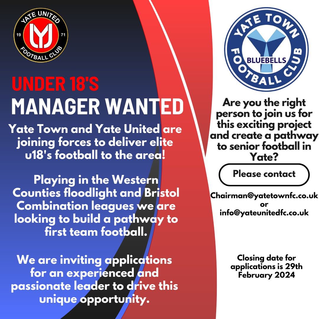YateUnitedFC's tweet photo. It goes without really saying @YateTownFC …

Are you a passionate FA qualified coach (ideally level 2)

Do you believe in #peoplenotplayers

Then Step forward for a fantastic opportunity!

#togetherweachive
#UTY https://t.co/wgeZWb13IB