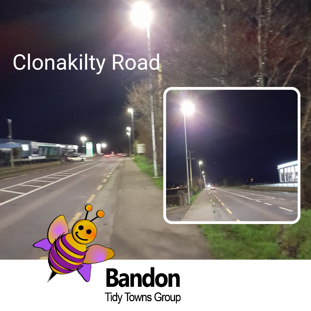 ttbandon's tweet photo. Delighted to see the public lighting on the Clonakilty Rd #Bandon finally commissioned. One of the busiest walking routes in #WestCork will be even busier on those long dark winter nights. Soon you will be able to walk from @bandonrfc to the end of Clare O'Leary walk under lights https://t.co/Iuhxv2use0