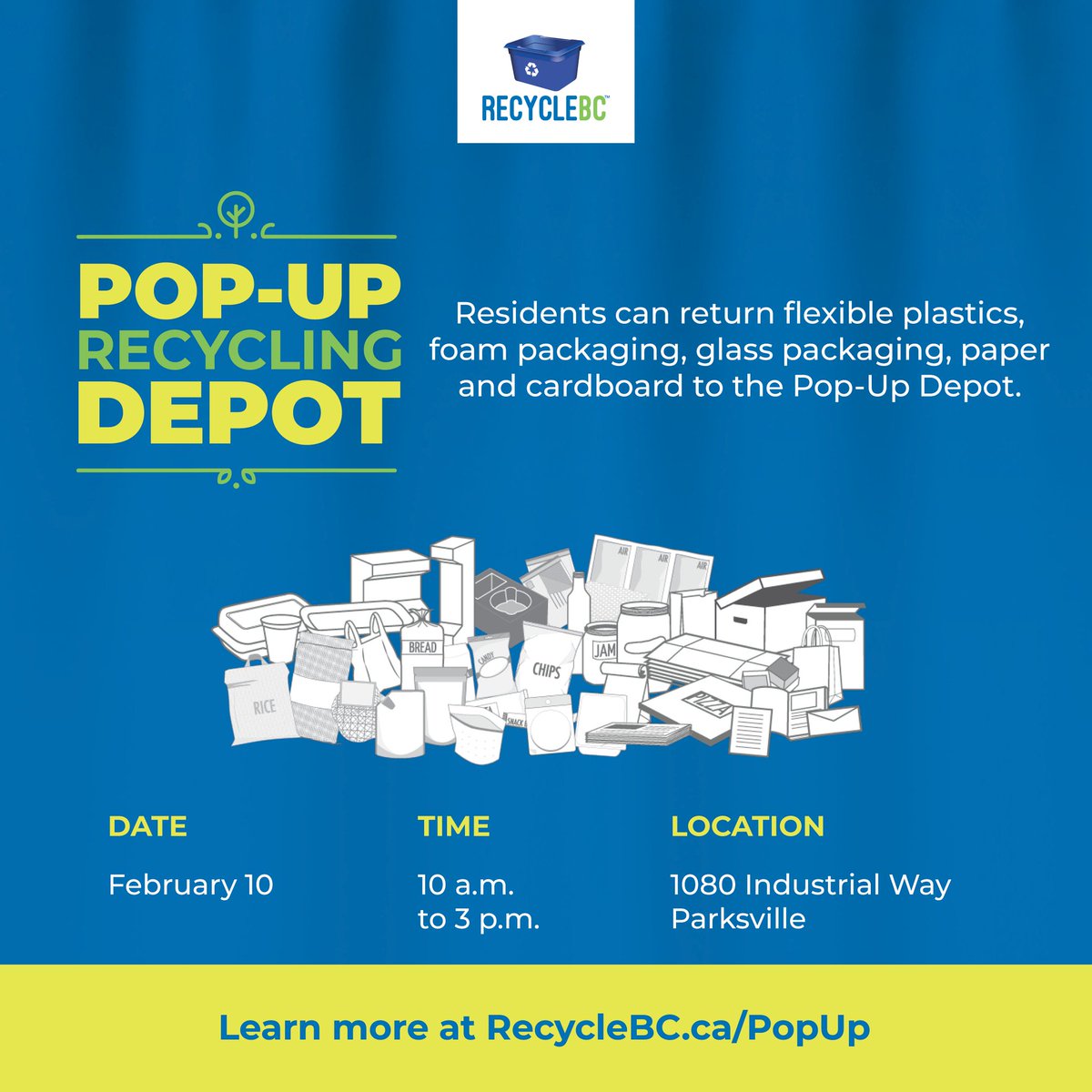 Residents of #Parksville BC: The Recycle BC Pop-Up Depot is this Saturday, February 10, from 10am-3pm at 1080 Industrial Way. See accepted materials and the 2024 schedule at RecycleBC.ca/PopUp. Provided in partnership with the Parksville Community Centre Society #RecycleBC